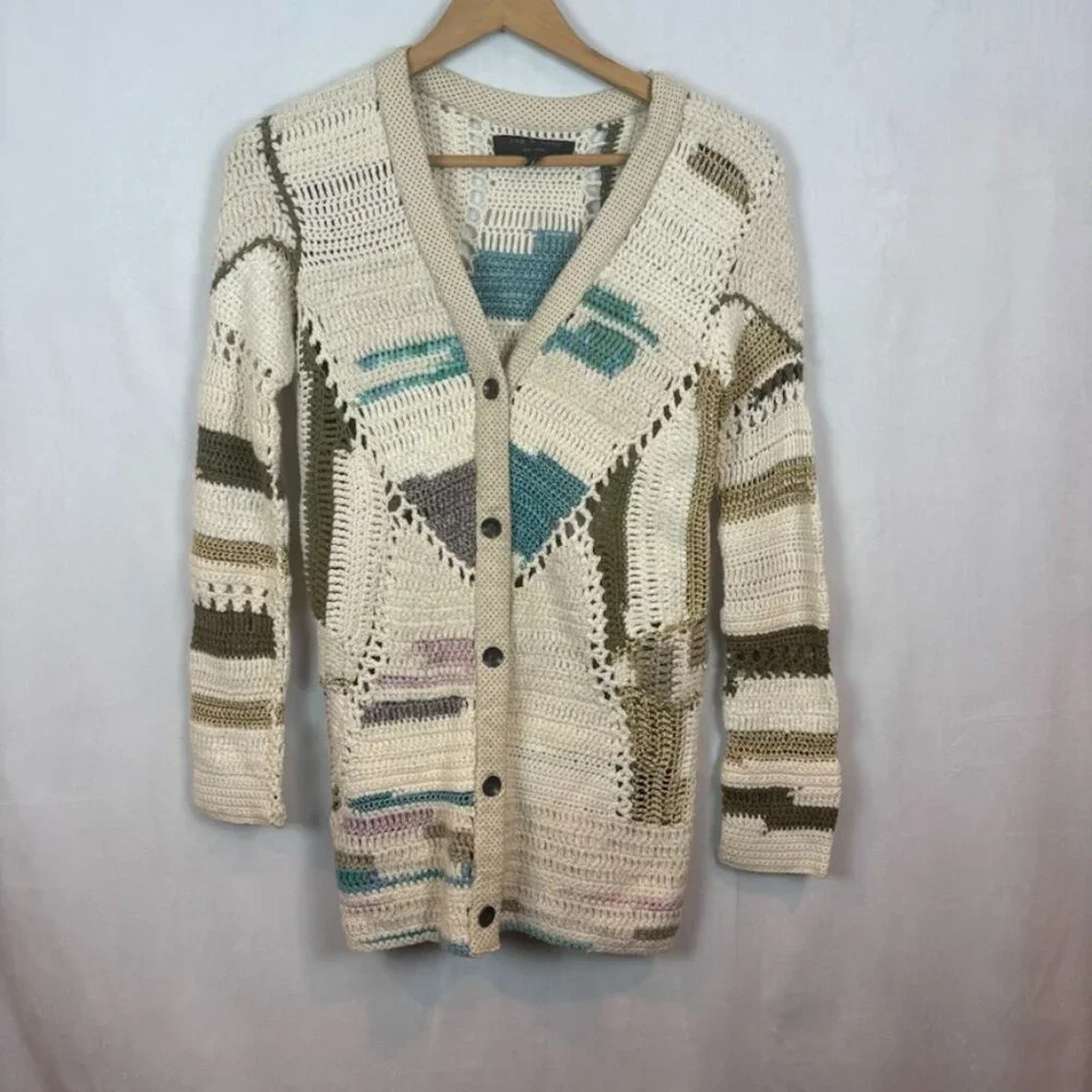 Rag & Bone Hearst Cotton Bamboo Alpaca Blend Crochet Cardigan Sweater SZ XS Boho